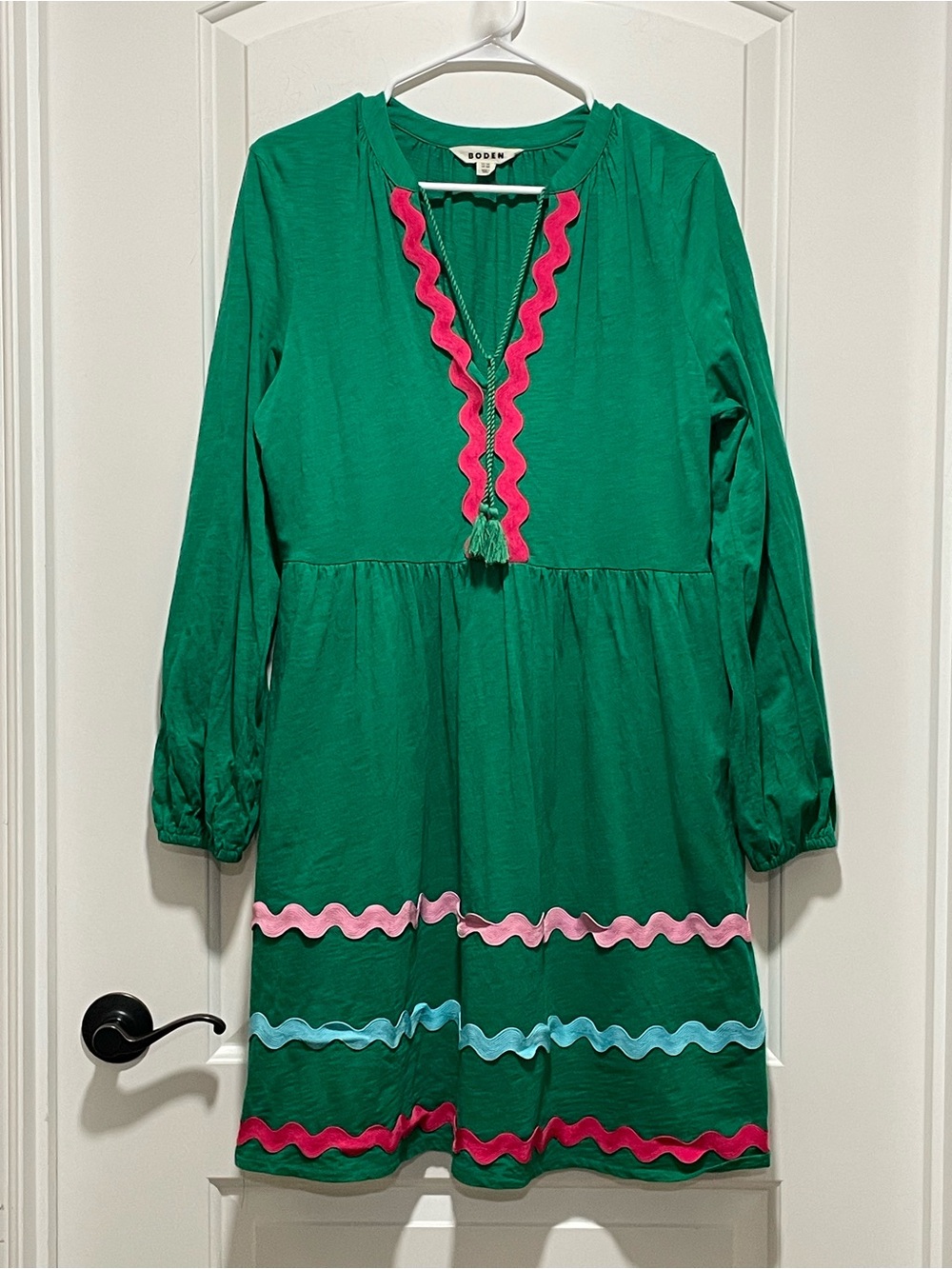 Boden Boho Corinna Ric Rac Green Long Sleeve Jersey Dress Festive & Fun - Picture 3 of 11
